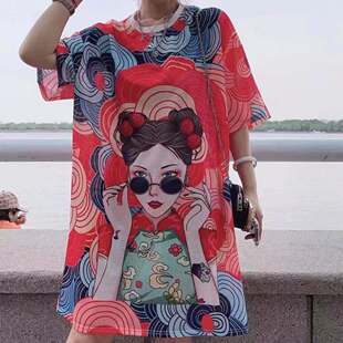 夏季薄款大码宽松显瘦T恤女国潮风印花中长款网眼冰丝圆领速干衣