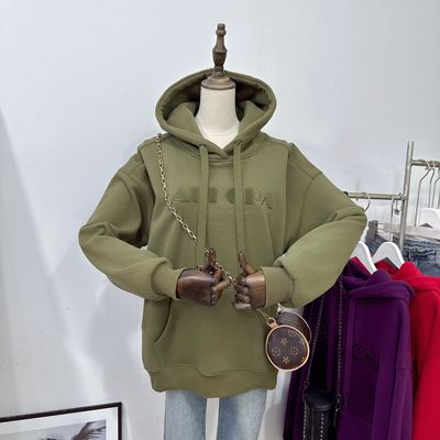 橄榄绿加绒加厚连帽卫衣女