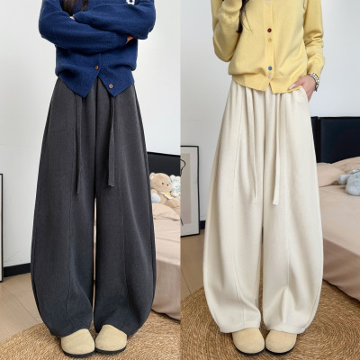 白色加绒加厚灯芯绒阔腿卫裤女