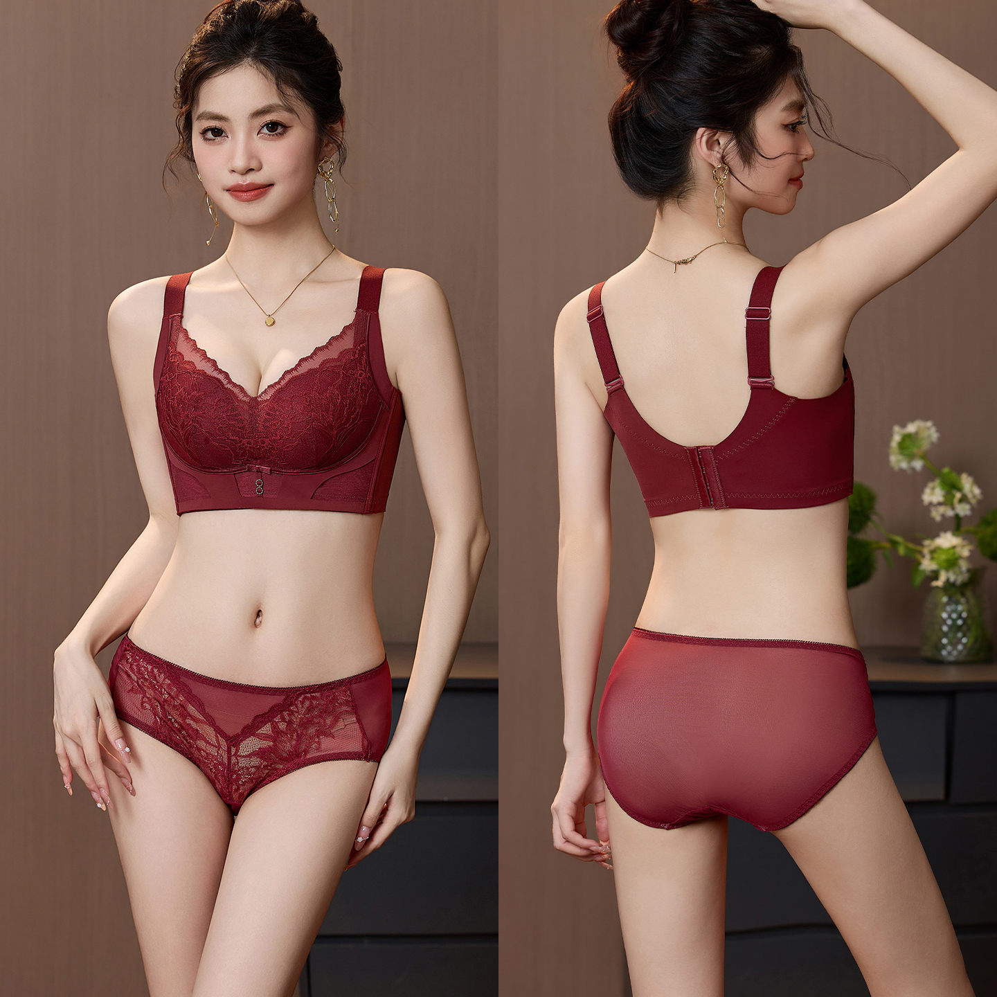 酒红色新款小胸蕾丝性感无钢圈聚拢文胸罩调整型收副乳女内衣套装