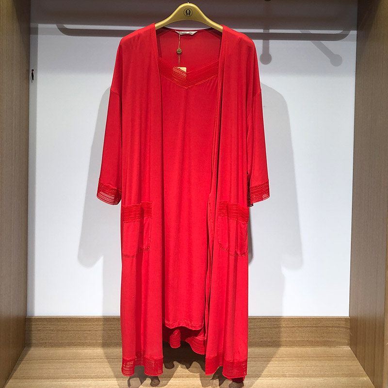 绮瑞女夏莫代尔短袖长裤大红色本命年家居服宽松睡裙结婚睡衣套装
