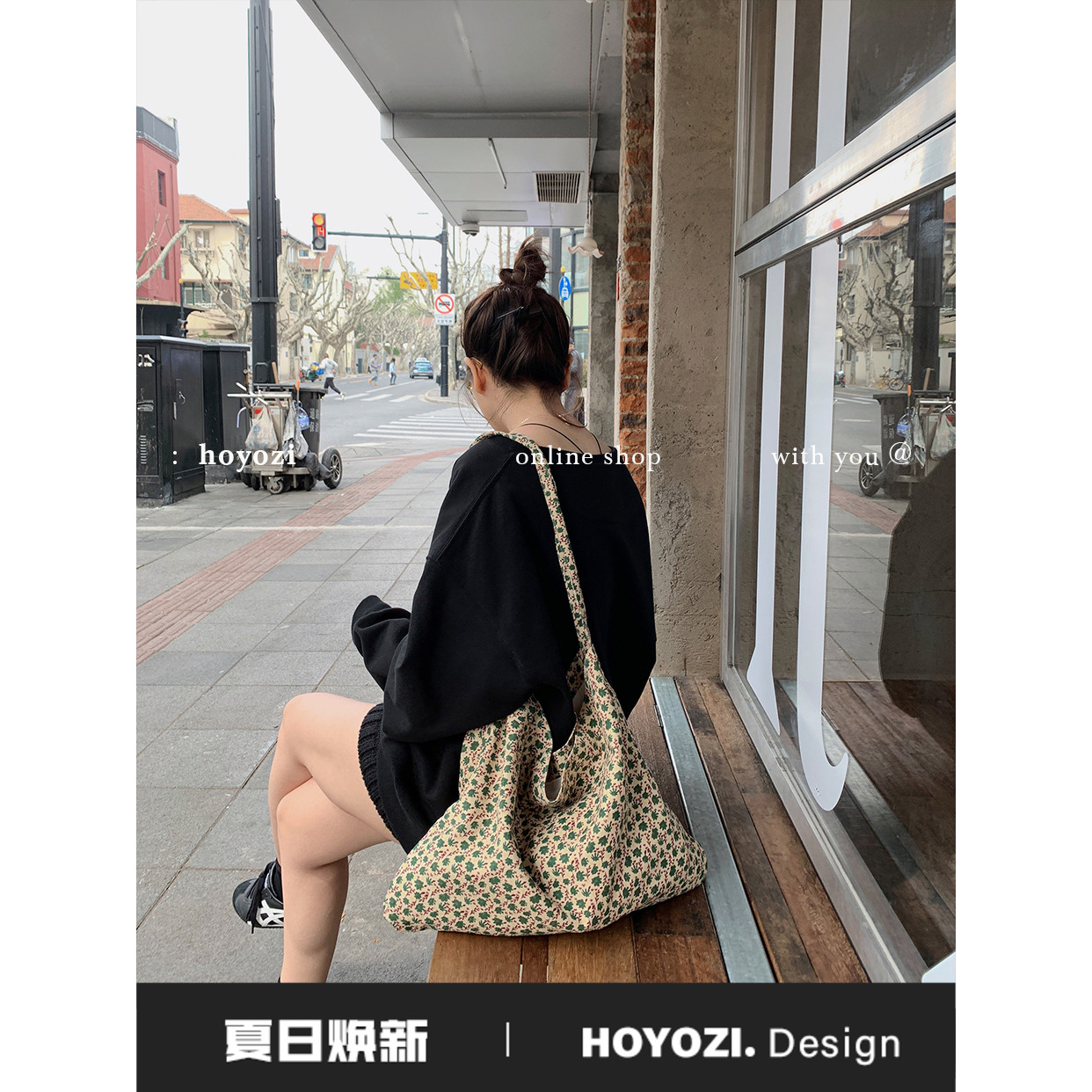 【小优家包包】HOYOZI设计师帆布包绿色碎花单肩包包女2024新款