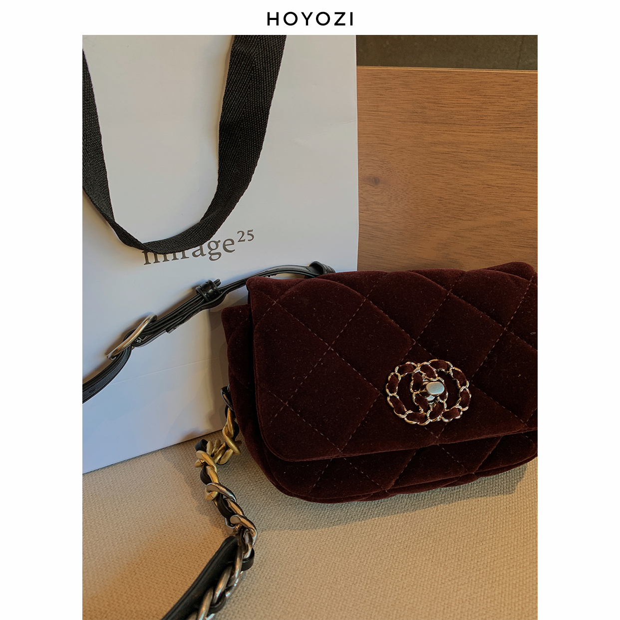 【小优家包包】HOYOZI丝绒菱格链条胸包斜挎小包包女2023单肩手机