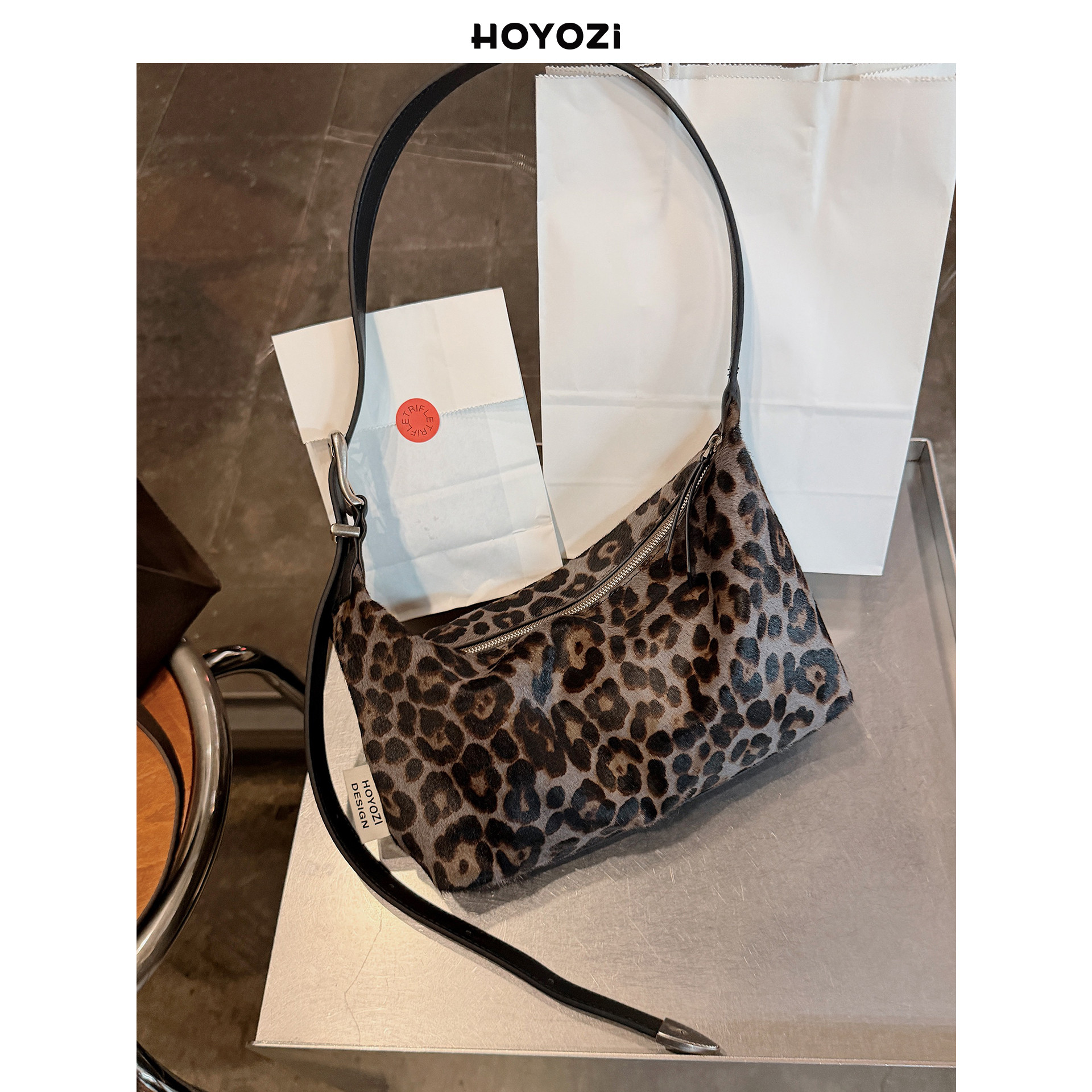 【小优家包包】HOYOZI真皮马毛豹纹腋下包包女款单肩斜挎包冬季