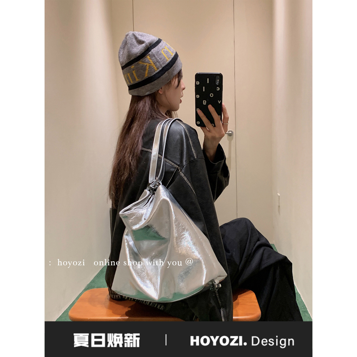 【小优家包包】HOYOZI银色牛皮双肩包女2024新款时尚单肩链条背包