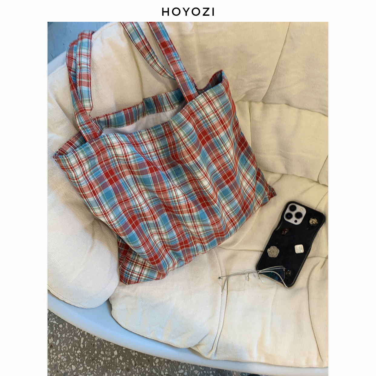 【小优家包包】红蓝格子帆布包