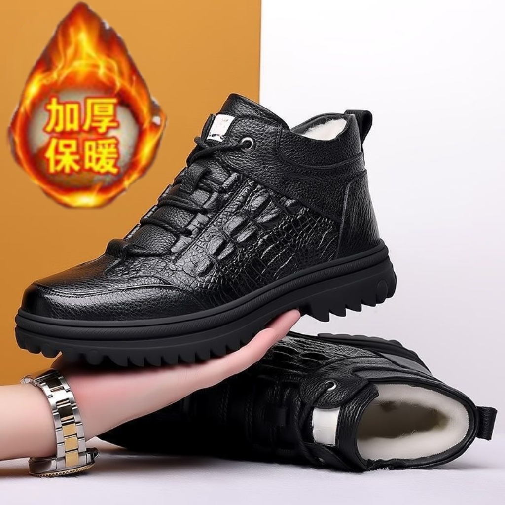 加绒加厚真软皮保暖男士棉皮鞋防水防滑老人爸爸鞋棉鞋男冬季