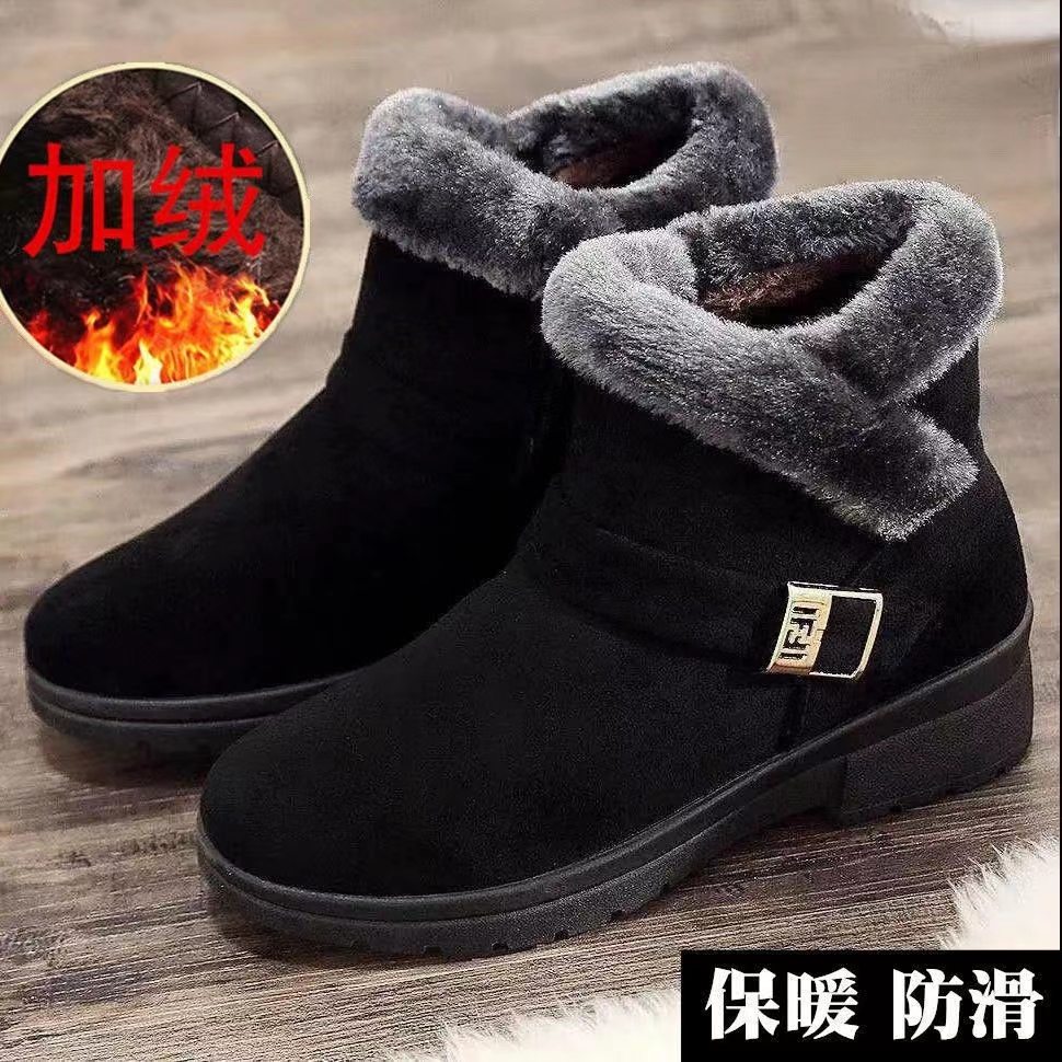 中老年靴子绒毛老人棉鞋子平跟妈妈短靴保暖加绒平底防滑皮鞋女冬