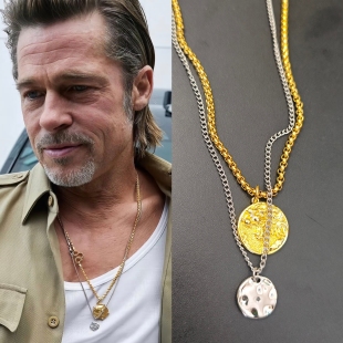 布拉德·皮特 Brad Pitt 同款叠戴金银色狮子牌牌项链型酷长项圈
