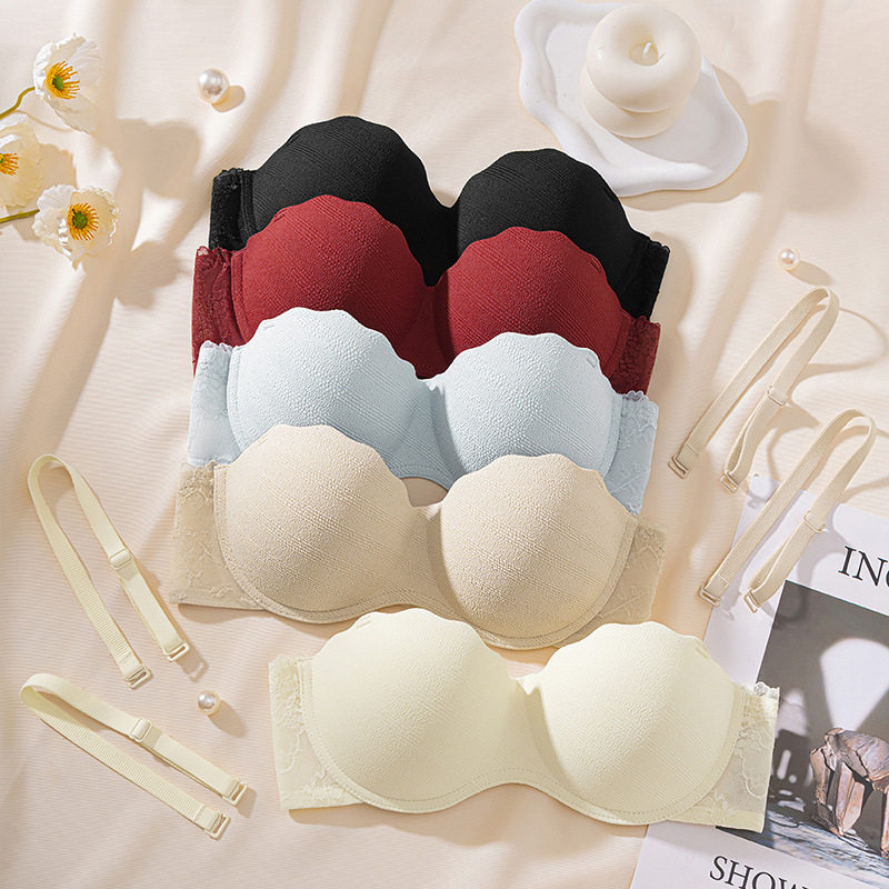 无肩带法式纯欲蕾丝美背内衣女小胸显大聚拢夏季提拉文胸套装