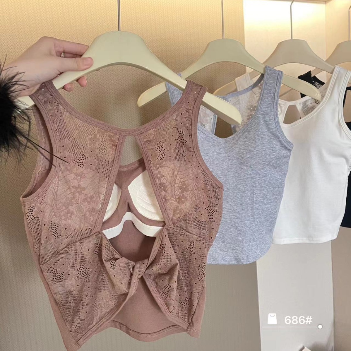 春夏美背纯棉蕾丝固定杯吊带带胸垫女内搭小背心镂空打底外穿