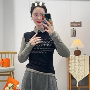 女装 2024冬季 套头拼色打底衫 休闲翻领设计长袖 上衣5082 新款