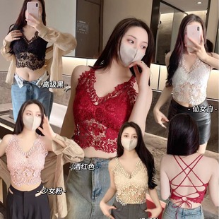 蕾丝美背固定杯带胸垫女吊带内搭镂空大露背聚拢外穿抹胸内衣