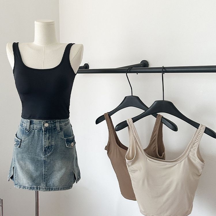 无痕冰丝吊带背心女带胸垫裹胸修身舒适性感露背短款宽带抹胸上衣