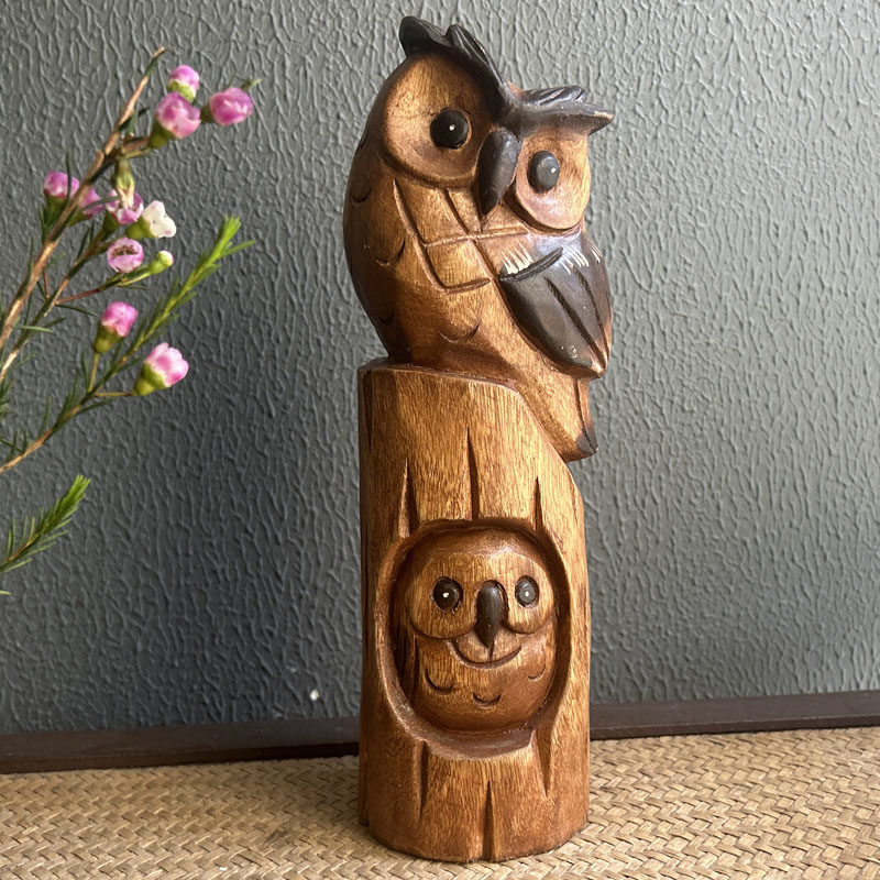 泰国实木猫头鹰摆件创意客厅酒柜电视柜木雕工艺品玄关装饰