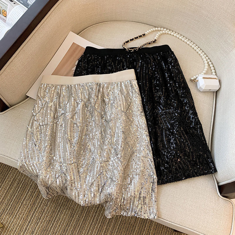 女童秋季新款闪闪亮片半身裙a字短裙韩版时尚松紧腰直筒包臀短裙