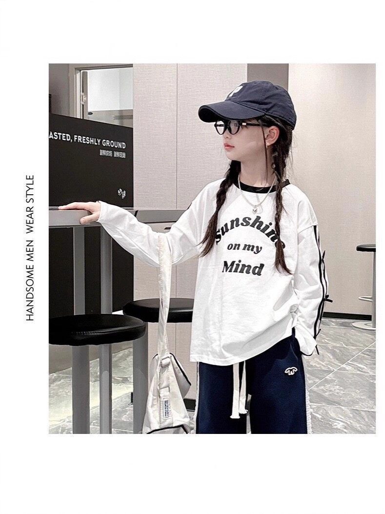 纯棉长袖T恤女童打底衫2026春秋新款条杠蝴蝶结儿童中大童装上衣