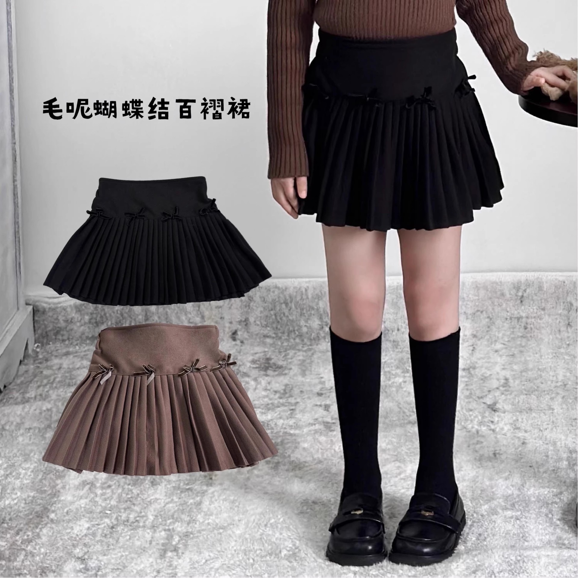 女童甜美蝴蝶结短裙2025春秋冬款韩版儿童时尚压褶百褶裙中大童潮