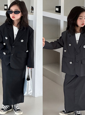 女装西装裙套装2024秋季新款韩版灰色宽松上衣长裙2件套小西服潮