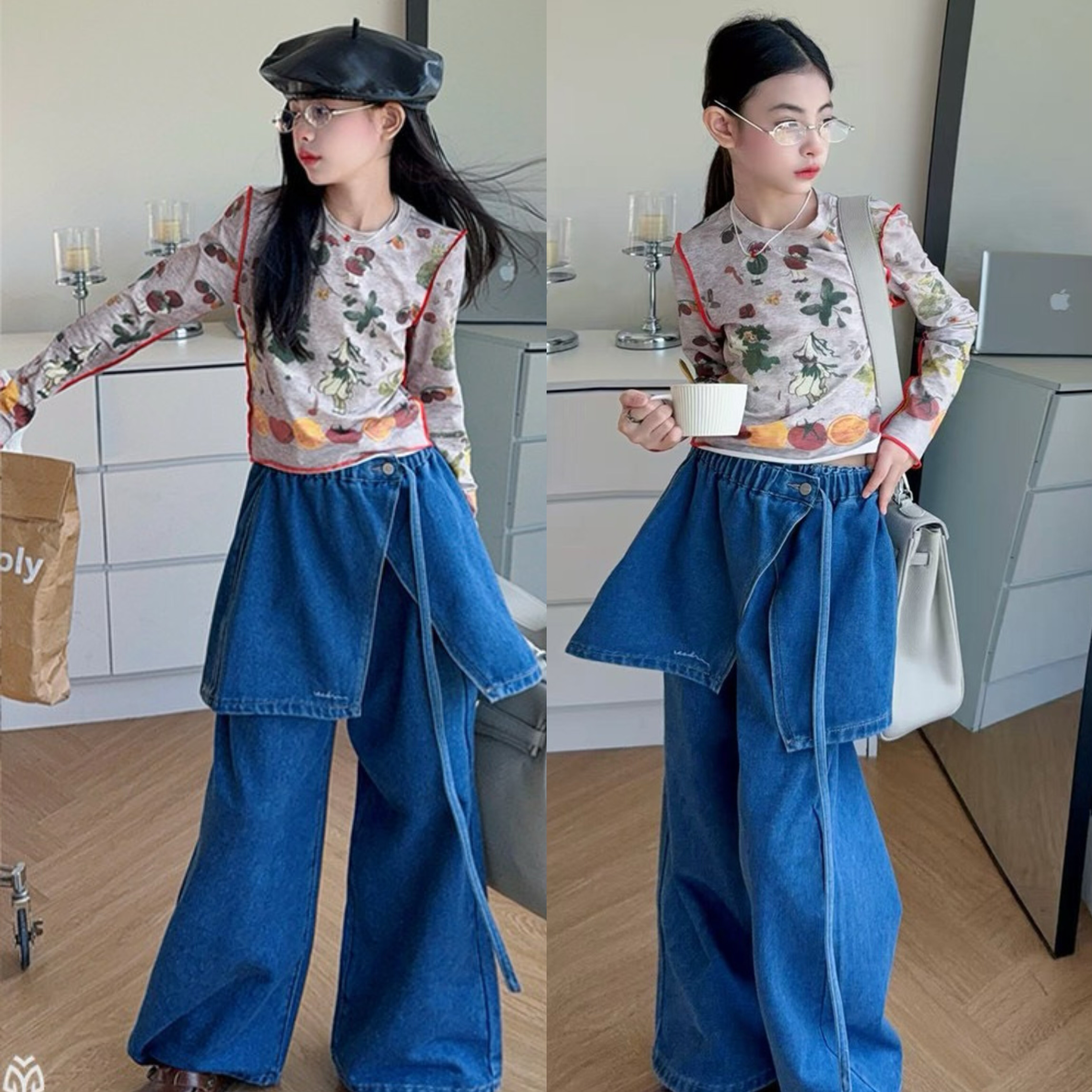 女童2025秋季新款长袖T洋气中大童打底衫甜美韩系上衣拼接牛仔裤