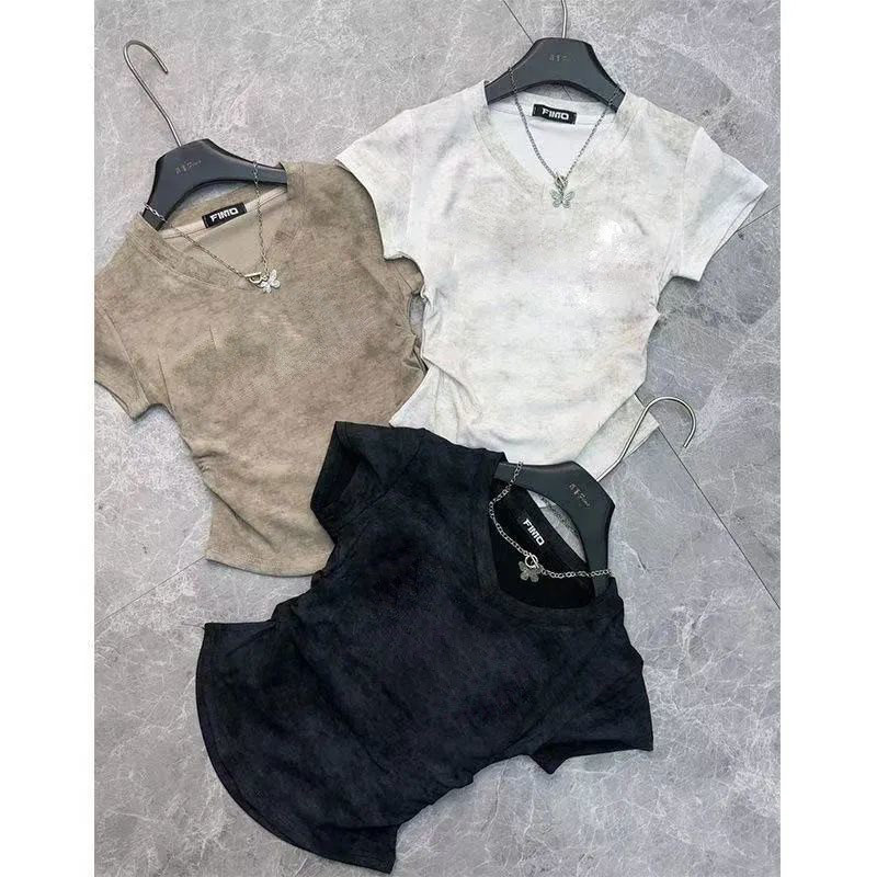 女童棉修身褶皱t恤女夏季新款设计感正肩收腰显瘦V领短袖百搭上衣