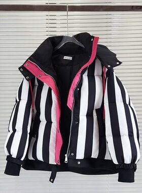 女童条纹连帽短款羽绒棉服冬季新款2025欧美风保暖面包服宽松外套