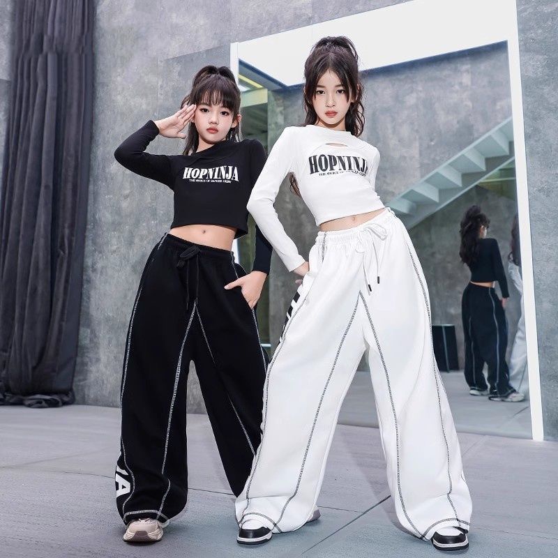 儿童秋街舞女童露脐爵士舞服套装jazz黑色长袖白色运动裤表演出潮