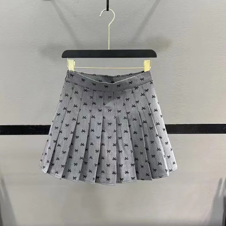 女童秋季新款蝴蝶结印花百褶短裙2024韩版松紧高腰A字百褶半身裙