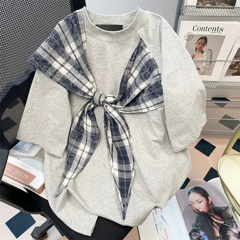 女童2025短袖t恤新款蝴蝶结格子绑带拼接夏季韩版中大童女孩上衣