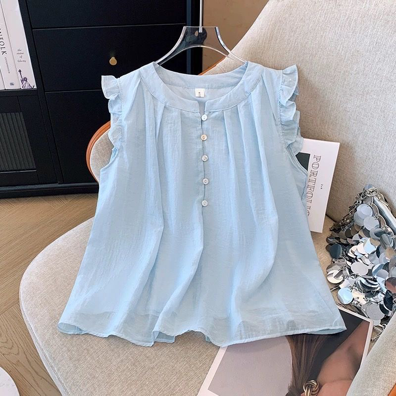 2025背心衬衫中大童夏季法式荷叶边飞飞袖女童百搭韩系娃娃衫上衣