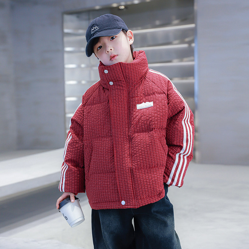男大童冬季红色新年格子面包羽绒服K234YRF3981
