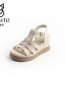 仙妮特商场同款牛皮休闲夏季厚底坡跟露趾罗马女凉鞋  X683133