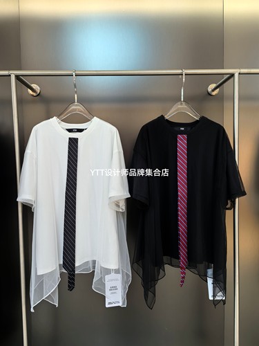 顺丰包邮 UTUH｜2026春夏新款黑色白色网纱拼接短袖T恤女宽松上衣
