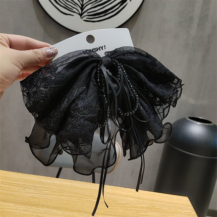 韩国新款高级感简约气质蕾丝蝴蝶结发夹女后脑勺盘发鲨鱼夹发卡