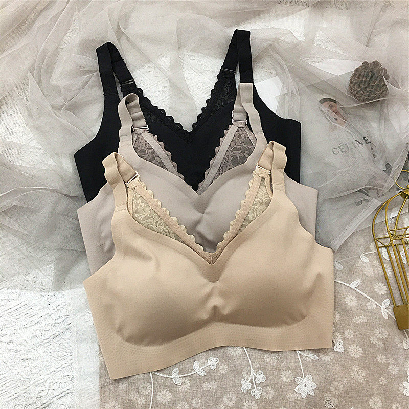 日本安心睡眠运动内衣女中厚蕾丝美背无钢圈无痕聚拢收副乳文胸罩
