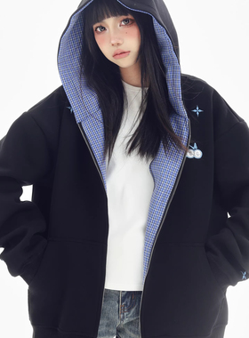 KESOAK美式字母刺绣格子拼接开衫外套秋季新款男女设计感连帽卫衣