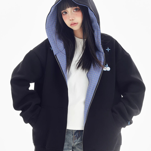 KESOAK美式字母刺绣格子拼接开衫外套秋季新款男女设计感连帽卫衣