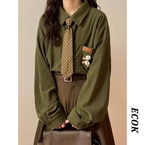 ECOK2025春秋日系复古慵懒风宽松纯色华夫格长袖衬衫上衣女送领带