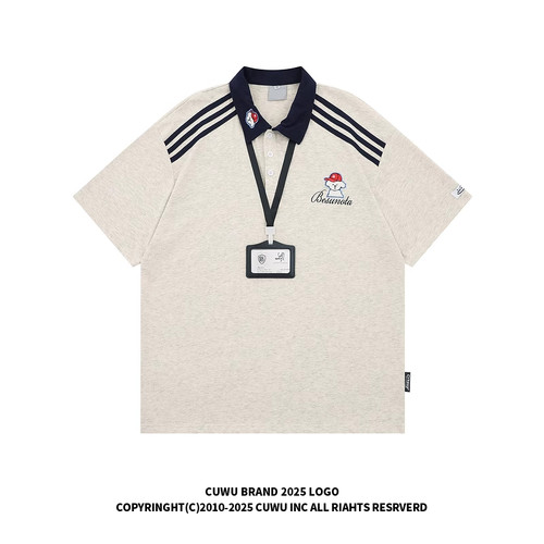 cuwu国潮牌小狗刺绣POLO衫短袖t恤女男夏季宽松运动条纹半袖上衣