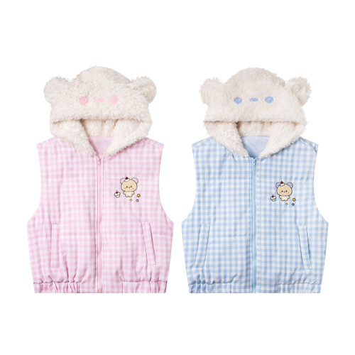 FYQ嚣张家原创小熊连帽格子棉服马甲女 2025秋冬新款可爱百搭外套