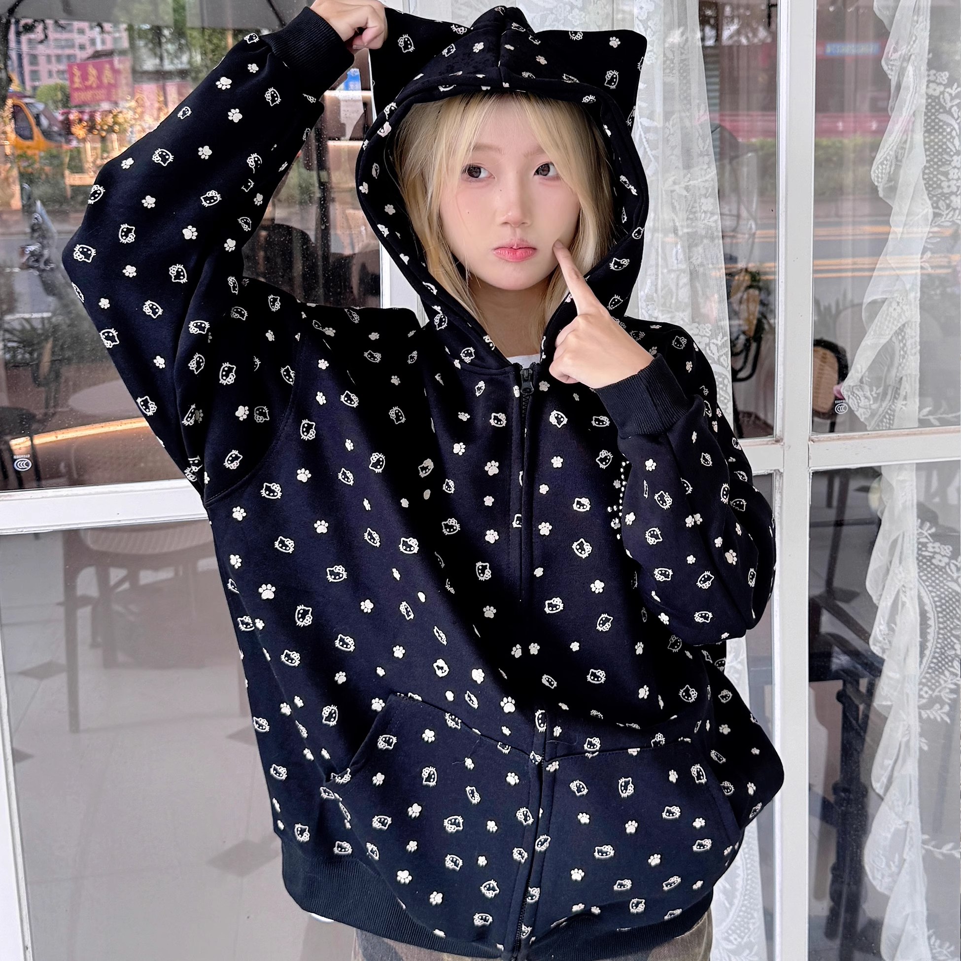 AYHOPN美式街头卡通满印开衫外套卫衣秋季新款宽松百搭连帽短外套