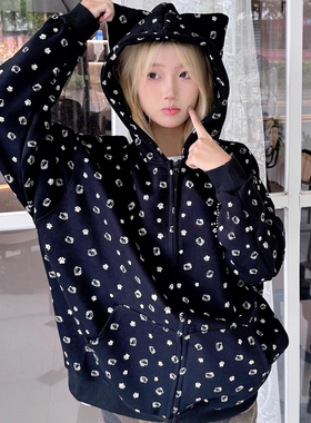 AYHOPN美式街头卡通满印开衫外套卫衣秋季新款宽松百搭连帽短外套