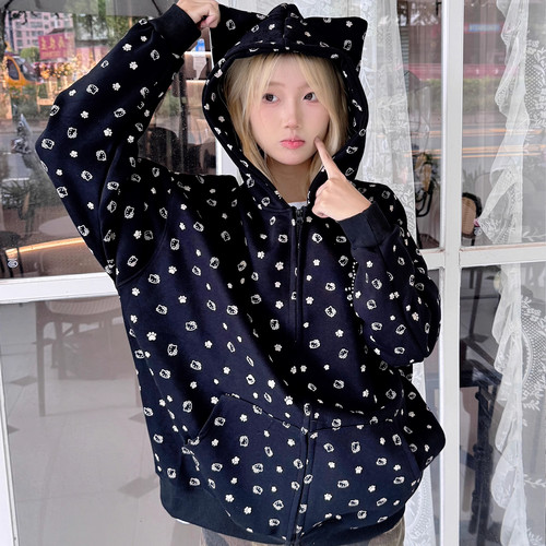 AYHOPN美式街头卡通满印开衫外套卫衣秋季新款宽松百搭连帽短外套