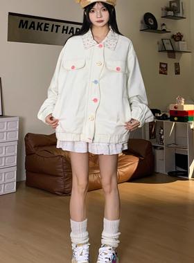 做梦特长生 原创设计粉色小碎花牛仔外套女秋宽松百搭上衣新款