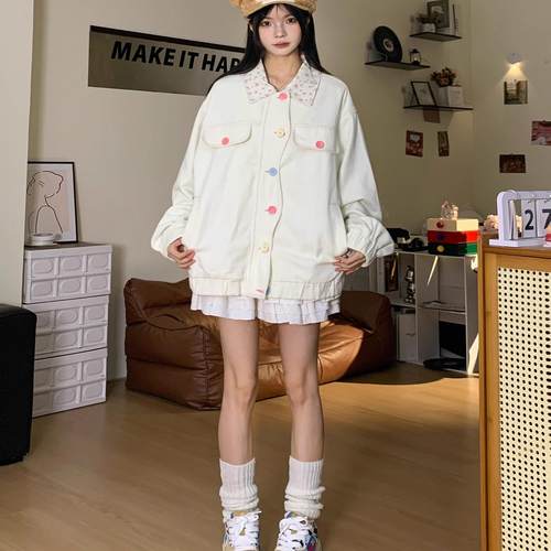 做梦特长生 原创设计粉色小碎花牛仔外套女秋宽松百搭上衣新款