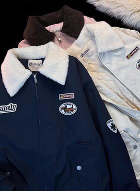 CURPOPP 美式复古羊羔绒外套男冬季飞行员棒球服加厚毛领情侣棉衣