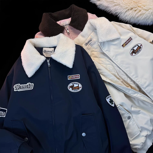 CURPOPP 美式复古羊羔绒外套男冬季飞行员棒球服加厚毛领情侣棉衣