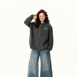 问了又问复古趣味卡通刺绣毛衣开衫女秋季新款宽松慵懒针织外套潮