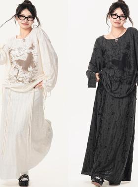 ALL MY 甜辣废土风破洞蝴蝶长袖T恤长裙套装早春两件套连衣服裙潮