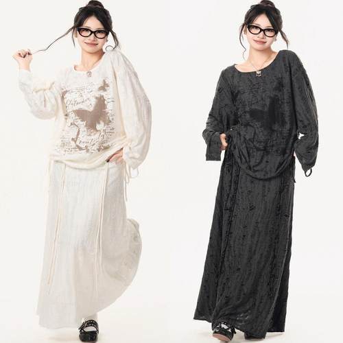 ALL MY 甜辣废土风破洞蝴蝶长袖T恤长裙套装早春两件套连衣服裙潮